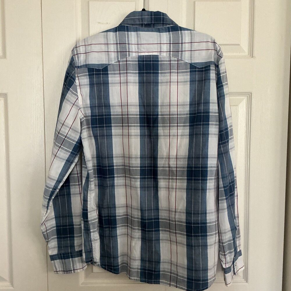 Levi's White Blue Plaid Western Pearl Snap Long Sleeve Button Down Shirt Men's L - Picture 2 of 8